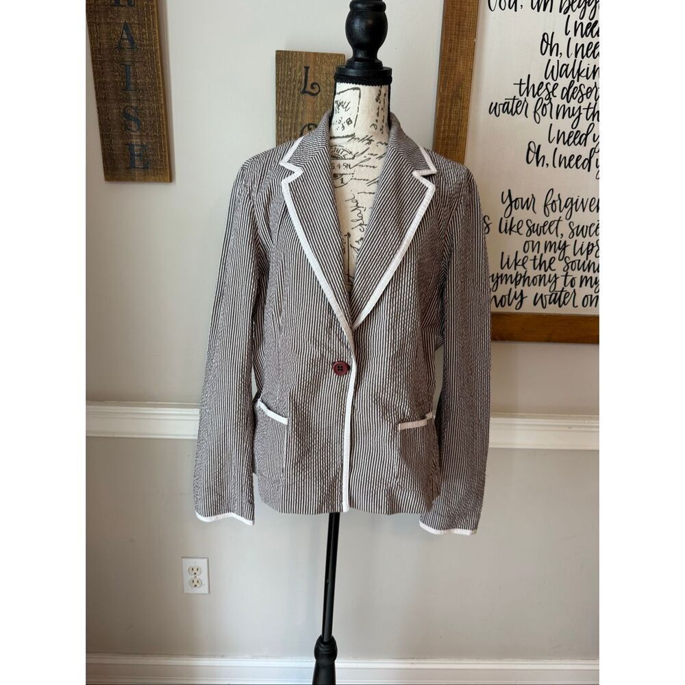 Liz Claiborne Women's Striped Seersucker One-Button Blazer Brown White Size 14